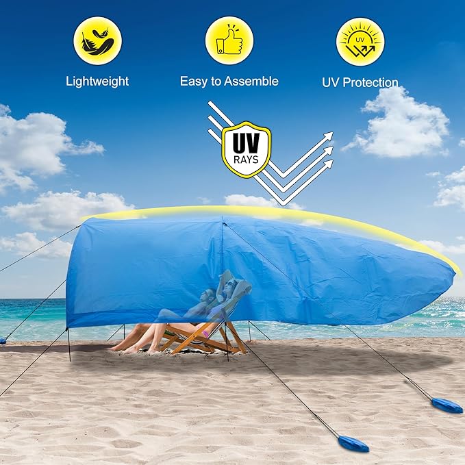 Beach Shade 200 Sq. Ft Beach Canopy for 4-8 People Portable Sun Shelter with UV Protection Lightweight &amp Easy Setup for Family Outdoor Activities (Blue)