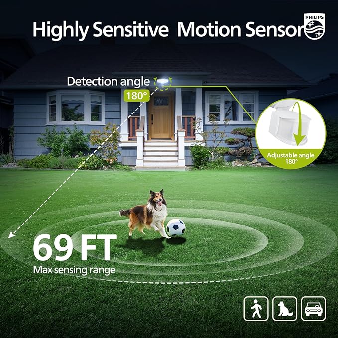 Philips 72W 7400LM LED Security Lights w/PIR Motion Sensor Outdoor 5000K Daylight Dusk to Dawn Aluminum Flood Light 3 Adjustable Heads Waterproof for Garage Yard Porch