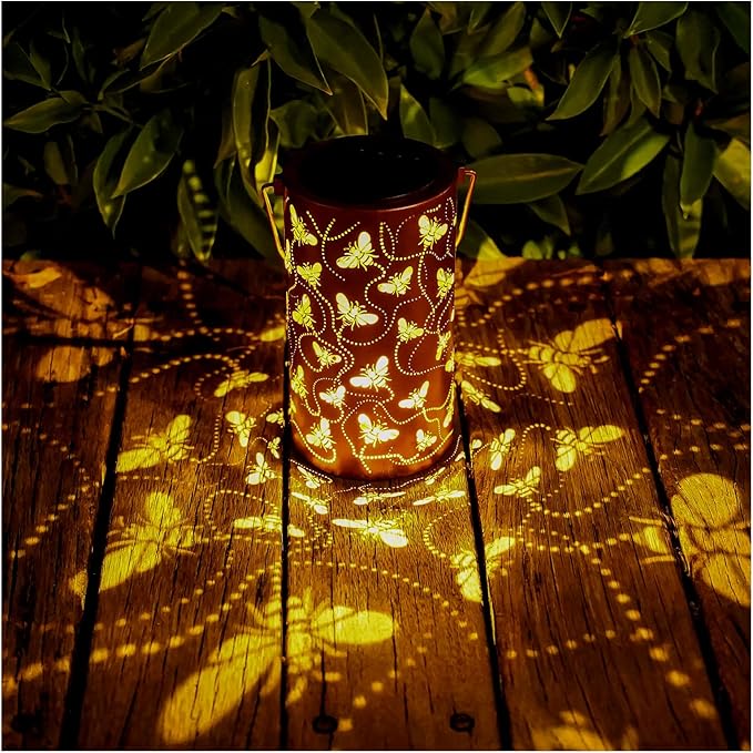 Solar Honeybee Lanterns Outdoor Hanging Decor LanternWaterproof Hollow Out Retro Metal Decorative Garden LightGraceful Decoration for PatioYardLandscapeWalkwayFestival