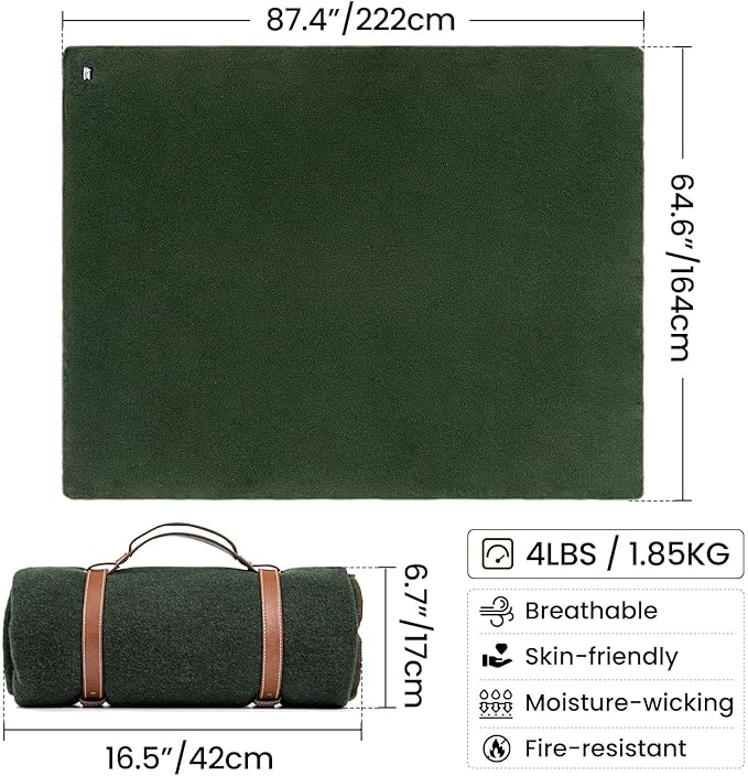ONETIGRIS Wool Blanket Camping Wool Blanket–Large Cozy WashableGreat for CampingOutdoorsCarSporting Events Bushcraft Survival Kits 64in x 87in