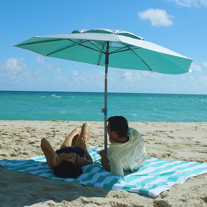 Plush Microfiber Beach Blanket Extra Large Beach Mat for 3-6 Persons Sandproof Windproof | Hole for Umbrella Corner Sand Pockets to Fight Wind (Bag for Blanket Included)