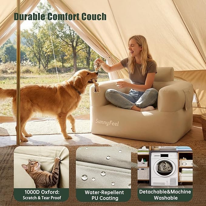 SUNNYFEEL Inflatable Sofa Chair Heavy Duty 330LBS Portable Air Sofa with Built-in Pump 1000D Oxford Fabric for Camping Beach &amp Travel (Beige-Single)