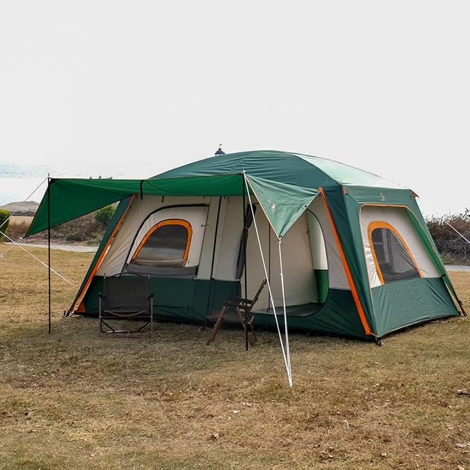 KTT Extra Large Tent 8-10-12 PersonFamily Cabin Tents2 Rooms3 Doors and 3 Windows with MeshStraight WallWaterproofDouble LayerBig Tents for OutdoorPicnicCampingFamily Gathering