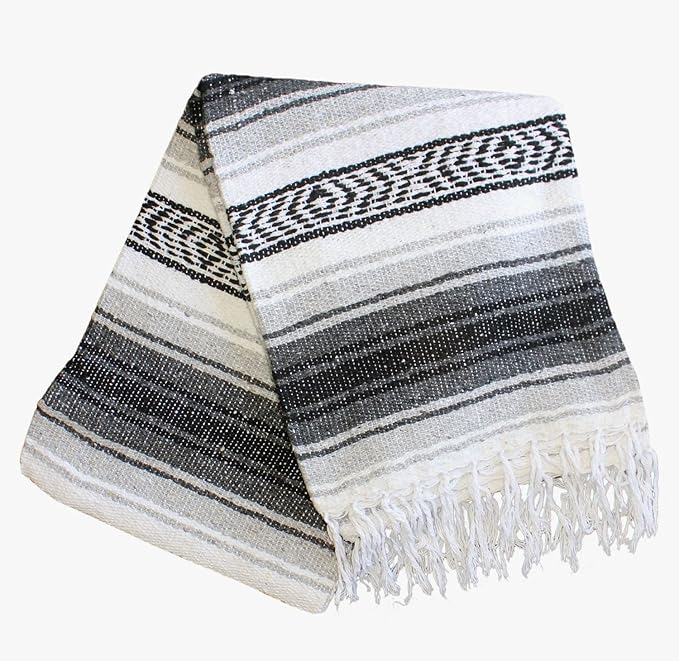 Del Mex Classic Mexican Blanket Large Authentic Woven Falsa Throw (70x50) Artisan Southwest Décor for Beach Yoga Outdoors (Gray)