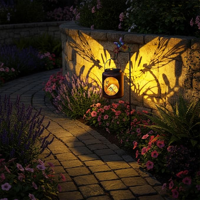 Dragonfly Patterns Metal Solar Lantern with Resin Dragonfly InsideOutdoor Garden Decor with Shepherds Hook for Yard Patio Backyard PorchGifts for Mom Women Grandma