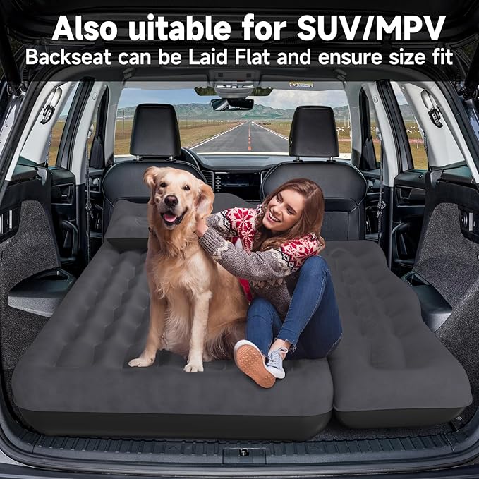 Back Seat Car Air Mattress: Inflatable SUV Car Camping Bed for Truck Van Thickened Double-Sided Flocking Travel Car Sleeping Pad with Air Pump 2 Pillows