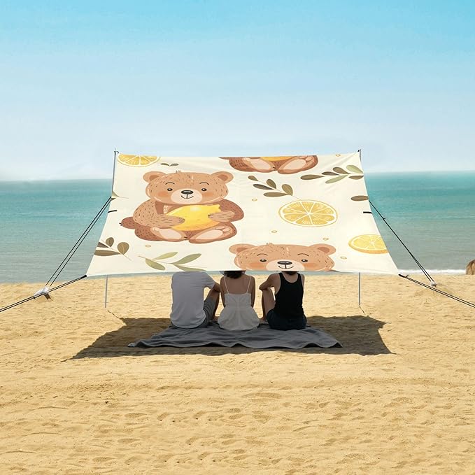 Cute Cartoon Bear Holding Lemon Camping Sun Shelter Beach Tent Portable Beach Sun Shade Outdoor Canopy for Camping Trips Fishing Picnic