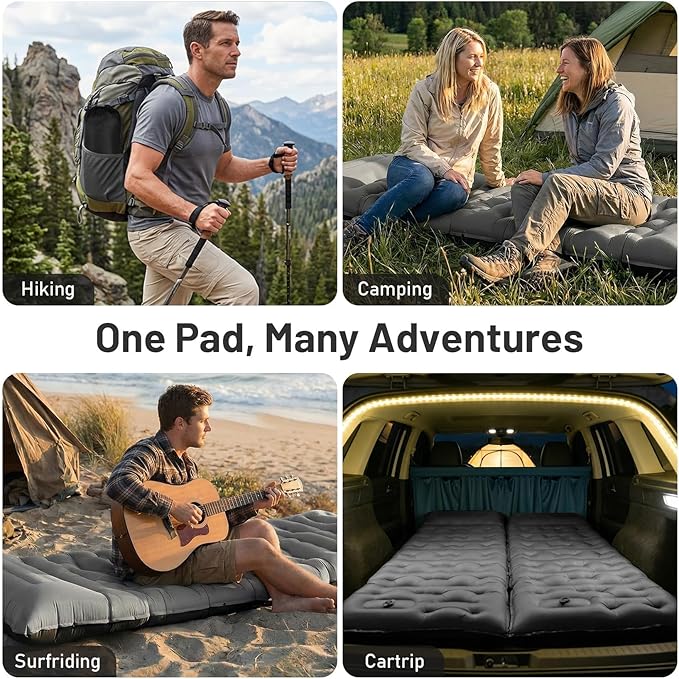 KASBAH Camping Sleeping PadExtra Wide 6 inch Thick Inflatable Sleeping Pads with Built-in Foot Pump and PillowUltralight Camping Mat Gear for Outdoor HikingCamping