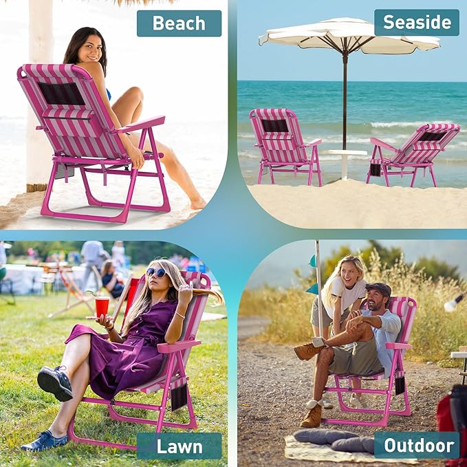 Slendor Backpack Beach Chair 6-Positions Beach Chairs for Adults with Cooler Bag Reclining Beach Chair with Cup Holder Folding Camping Chair for Outside