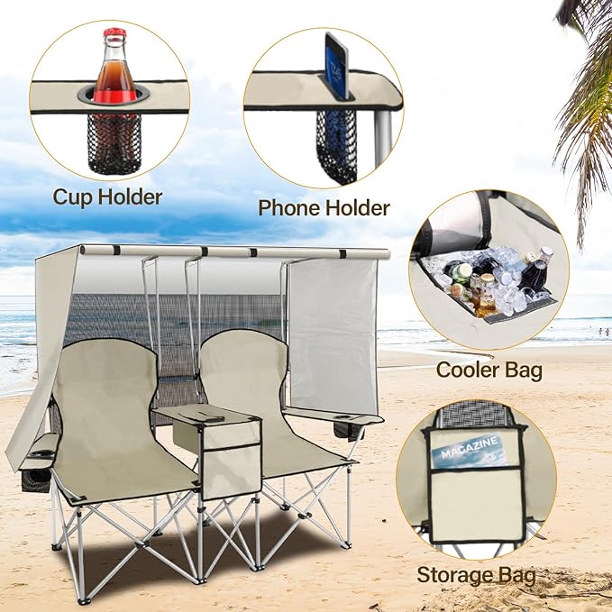 BDL Double Camping Chair with Canopy Two Person Folding Loveseat with Shade Heavy Duty Beach Chair with Cooler Bag Cup Holder for Outside Fishing Sports Beach-White