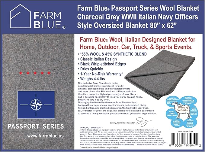 Farm Blue Wool Survival Emergency Blanket - Military Style 80” x 62” - Thick &amp Lightweight Army Camping - Large Camp Survival Blankets - Store in Car Hiking Backpacking &amp Festivals (Charcoal