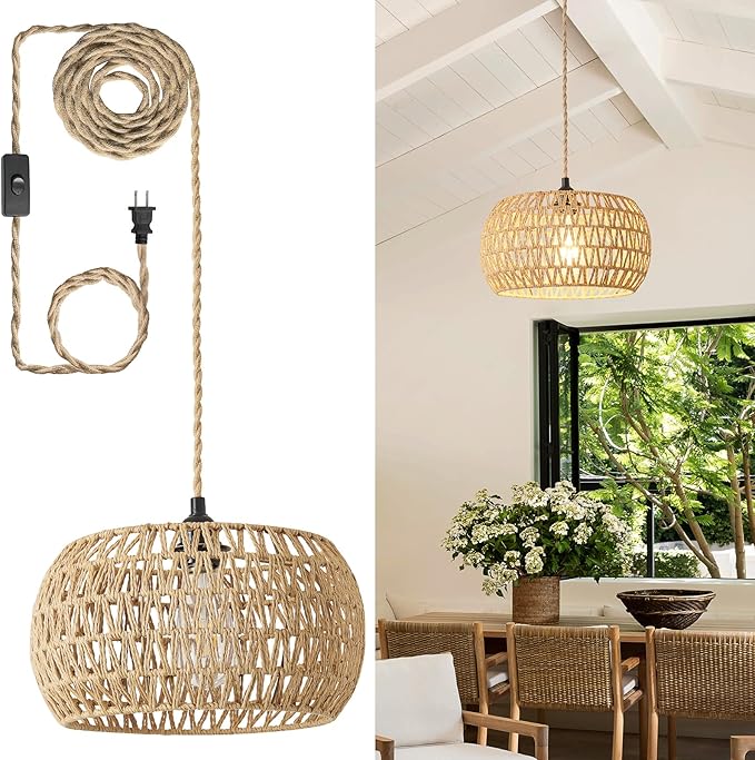 Rattan Boho Hanging Light12.6'' Natural Hand Woven Fabric Drum LightPlug Into Wall Outlet Pendant Light Fixture On/Off Switch for DiningLiving RoomBedroomKitchenHallway Entryway Without Bulb
