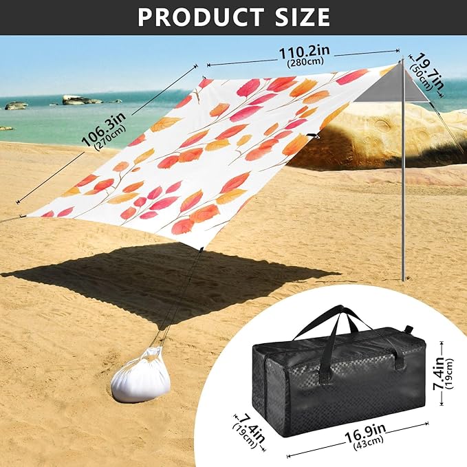 Bolaz Beach Canopy Tent Sun Shade9'×10.5' Large Family Beach Shade UPF50+- Outdoor Shade for Camping Trips FishingWatercolor Red Orange Maple Leaf Pattern