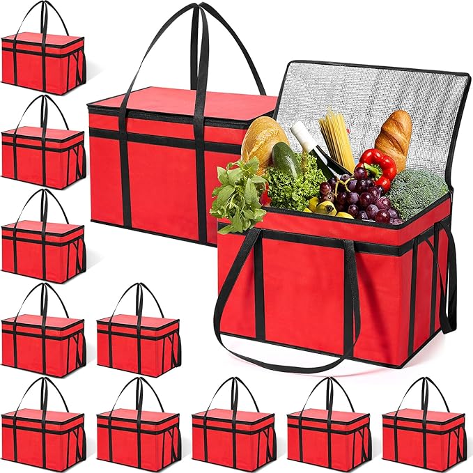 10 Pcs Insulated Food Delivery Bags XXXL Pizza Delivery Catering Bags Large Capacity Cooler Carrier with Handle for Hot and Cold Food Grocery Travel Lunch Shopping Red