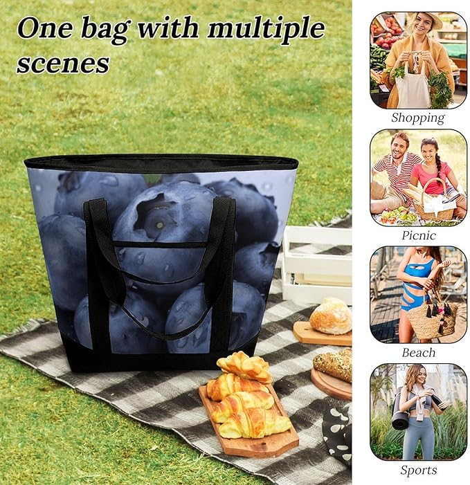 Insulated Shopping BagLarge Reusable Cooler Bags Blueberry Printed Foldable Shopping BagTravel Waterproof Shoulder Bag