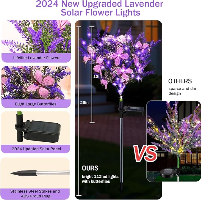 Solar Garden Lights Outdoor 4 Pack Purple Lavender Solar Butterfly Lights Gardening Gifts for WomenArtificial Flowers Light Purple Halloween Garden Decor for Patio Yard Lawn Christmas