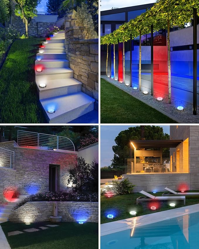btfarm 24 Pack Solar Lights Outdoor 8 LED Solar Ground Lights IP65 Waterproof Flat Solar Disc Light Pathway Lights for Garden Lawn Yard Christmas Decorations Red+Blue+Cool White