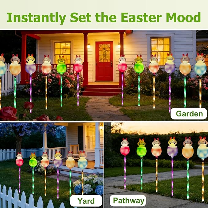 AVEKI 6 Pcs Easter Bunny Solar Pathway Lights Outdoor Stake Lights with 8 Lighting Modes Waterproof Outdoor Garden Lights for Easter Decorations Yard Pathway (Bunny)