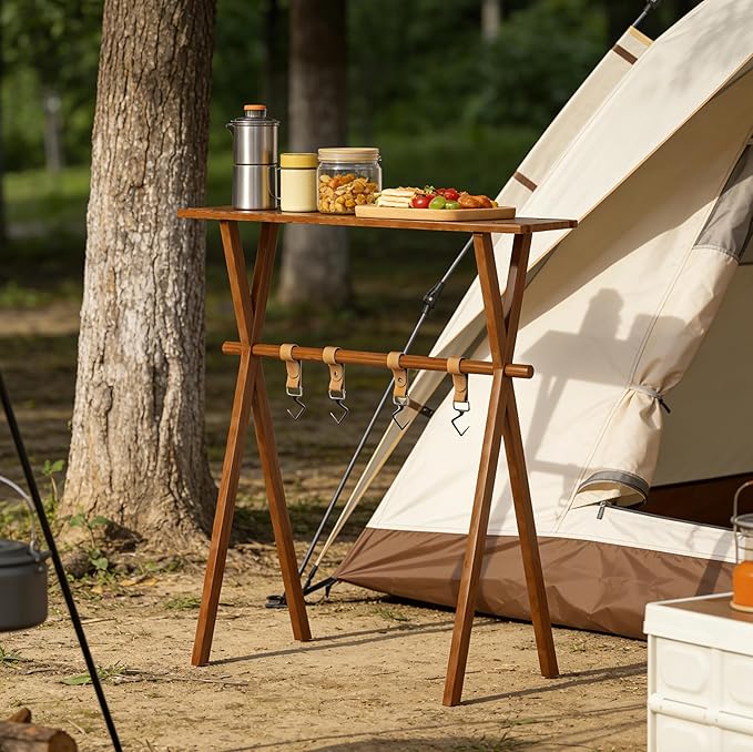 Portable Wooden Picnic Rack &amp Table – Lightweight Beechwood Shelf with Metal Hooks for Outdoor Kitchen RV BBQ &amp Camping Storage