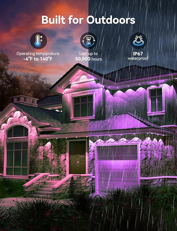 150FT Permanent Outdoor Lights -RGB Eaves Lights with App Control RemoteDIY Scene Modes IP67 Waterproof Outside LED Light for Christmas Holiday Daily House Roof Eternity Lighting