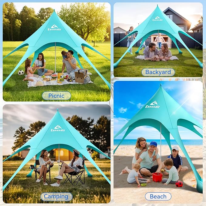 Beach Tent Sun Shelter &amp Portable Beach Canopy UPF 80+ UV Protection Beach Shade Canopy with 6 Sandbags Sand Shovel Ground Pegs for Outdoor Camping Picnics (12x12ft Turquoise)