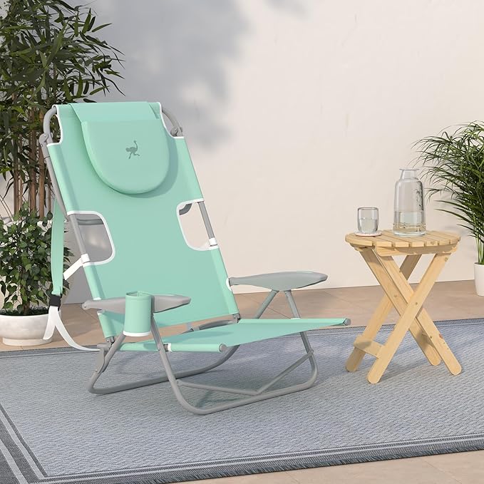 Ostrich the Heavy-Duty Backpacker Portable Beach Chair with Face Hole Adjustable Lounge Chair with Face Opening Cup Holder &amp 325lb Capacity Teal