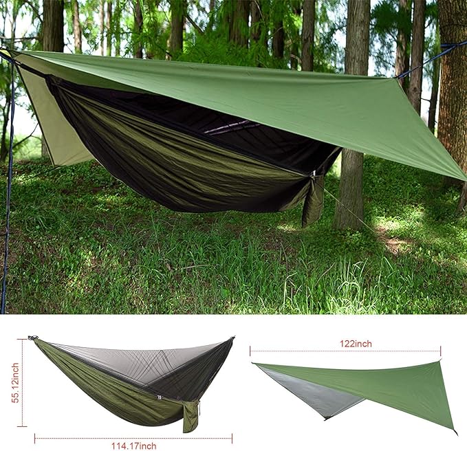 Camping Hammock with Rain Fly Tarp and Mosquito Net Tent Tree Straps Portable Single Double Nylon Parachute Hammock Rainfly Set for Backpacking Hiking Travel Yard Outdoor Activities Green