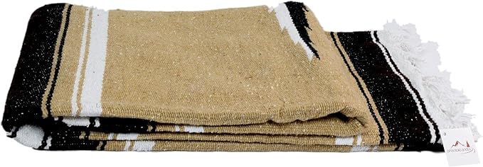 Handmade Mexican Yoga Blanket – Thick Tan Serape with Black Brown &amp White Stripes and Center Diamond Pattern – Soft Durable Machine Washable