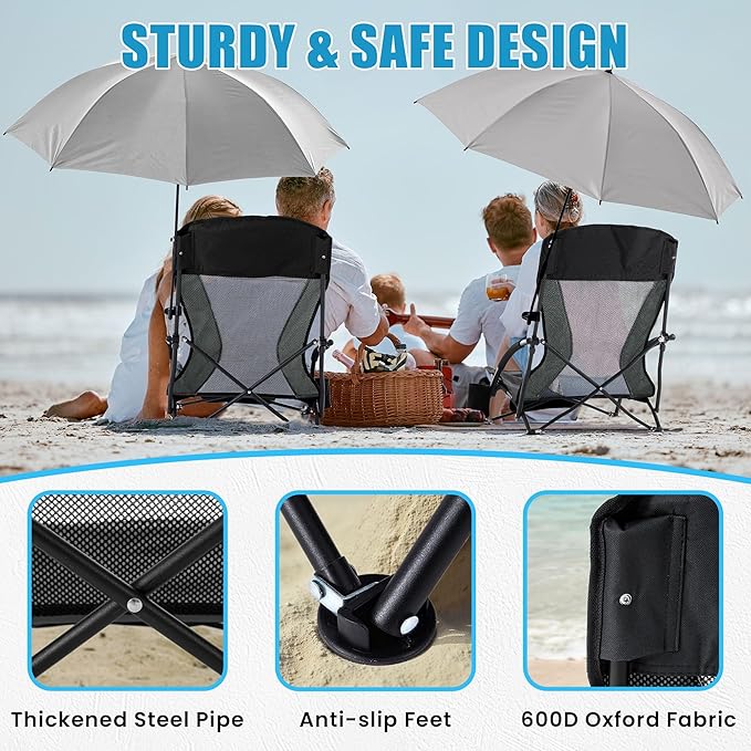 Folding Beach Chair with Umbrella for Adults 2 Pack Portable Low Beach Chairs with 300lbs Capacity Lightweight Fodable Camping Chair for Travel Picnic Concert &amp Outdoor Activities Black-Grey