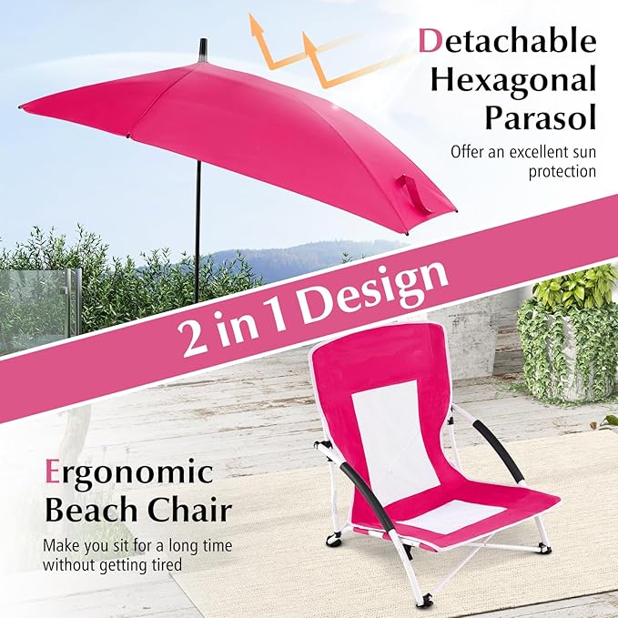 Goplus Beach Chair with Umbrella 2 Pack 330lbs Folding Backpack Chairs for Adults with Adjustable Parasol Comfy Armrest Breathable Seat Lightweight Portable Low Sand Chair for Lawn Camping