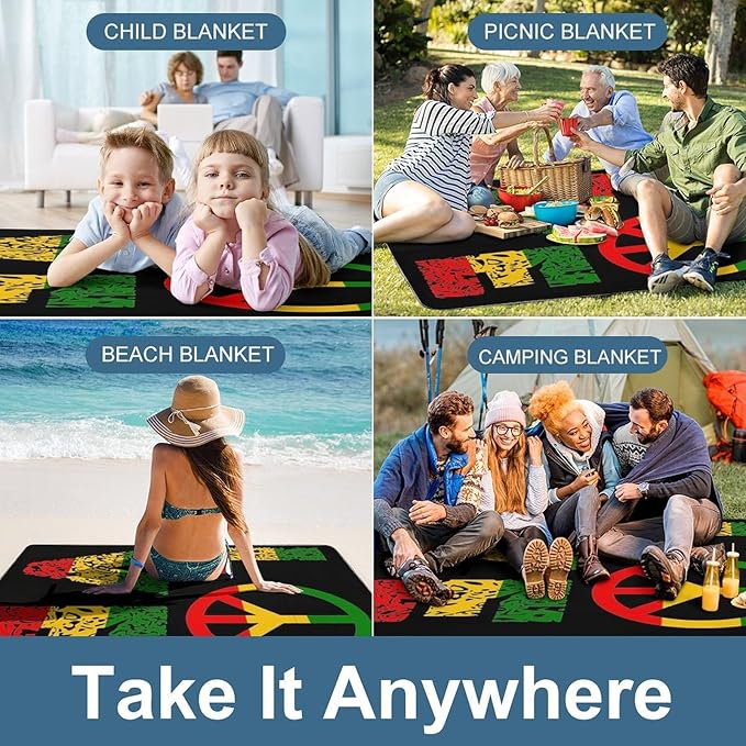 Rasta Jamaican Reggae Lover Waterproof Outdoor Picnic Blanket Sandproof Beach Mat for Camping Hiking Grass Travelling