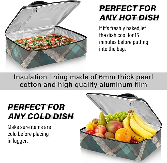 Casserole Carrier Green Brown Tartan Pattern Print Insulated Casserole Carrier for Hot or Cold Food Thermal Lunch Tote for Parties Picnic Travel Carry Bag