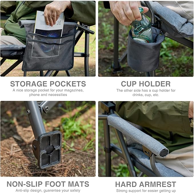 EVER ADVANCED Padded Oversized Folding Camping Chair for Adults Heavy Duty Lawn Chair with Side Pockets Portable Collapsible Quad Chair for Outside Support Up to 500lbs Grey