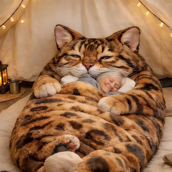 Fluffy Cat Sleeping Bag for Adults Plush Cat Shaped Sleeping Bag for Adults Adorable Cats Envelope Sleeping Bags Washable Warm Blanket for Camping and Home Lounging 68.9x31.5 Inch