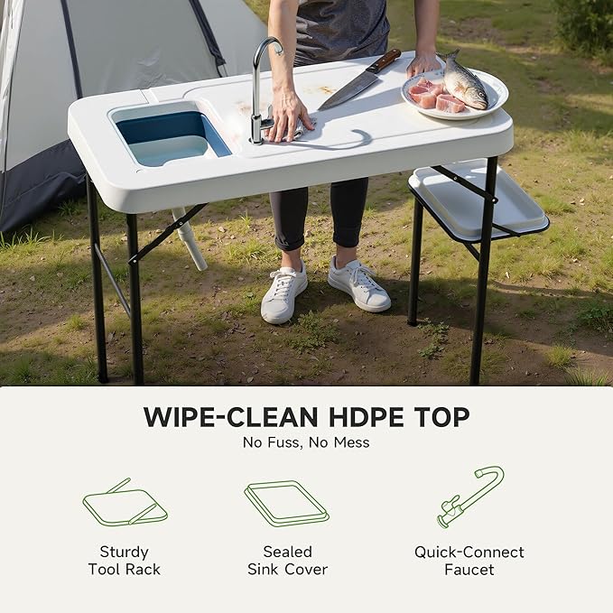 Fish Cleaning Table with Deep Sink &amp Extra Shelf Heavy-Duty HDPE Waterproof &amp UV-Resistant Portable Outdoor Sink with Hose Hookup Ideal for Camping Picnic &amp Backyard