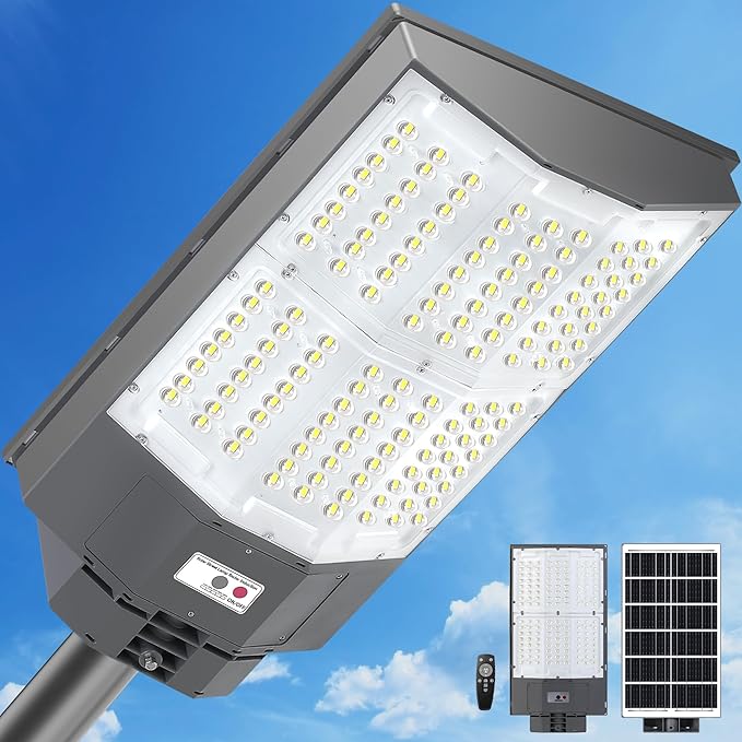 10500W Solar Street Lights Outdoor 650000LM 7000K Solar Parking Lot Lights Dusk to Dawn 40000mAh IP67 Waterproof Pole Security Flood Lamps with Motion Sensor and Remote for Yard Garage Driveway