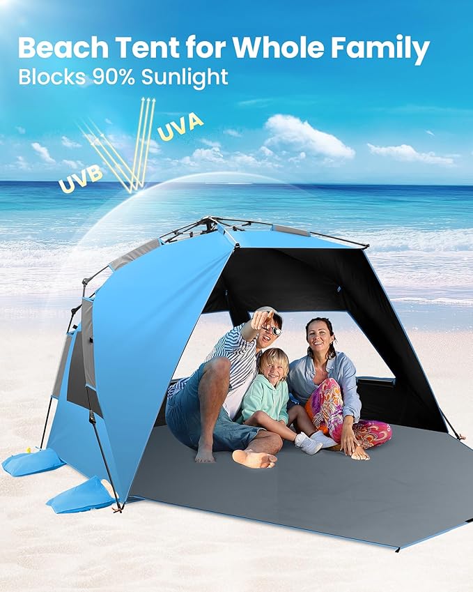 OutdoorMaster Beach Tent with Blackout Shelter Technology Portable Sun Shade Shelter 4 Person Pop Up Beach Tents with UPF 50+ UV Protection 9.5mm Thick Pole 3 Ventilating Mesh Windows -Blue