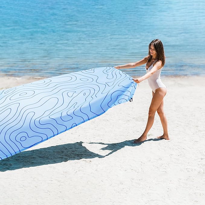 Beach Blanket Waterproof Sandproof 78''×86'' Large Sand Free Picnic Blanket for 1-4 Adults Big Foldable Blue Beach Travel Mat with 4 Stakes &amp Corner Pockets for Outdoor Grass Park Patio