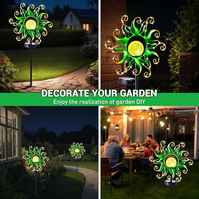 Solar Garden Lights Outdoor Green Metal Sun Stake with 30 LED Waterproof Vine String Crackle Glass Spring Decor for PatioYardrLawn Gardening Birthday Gifts