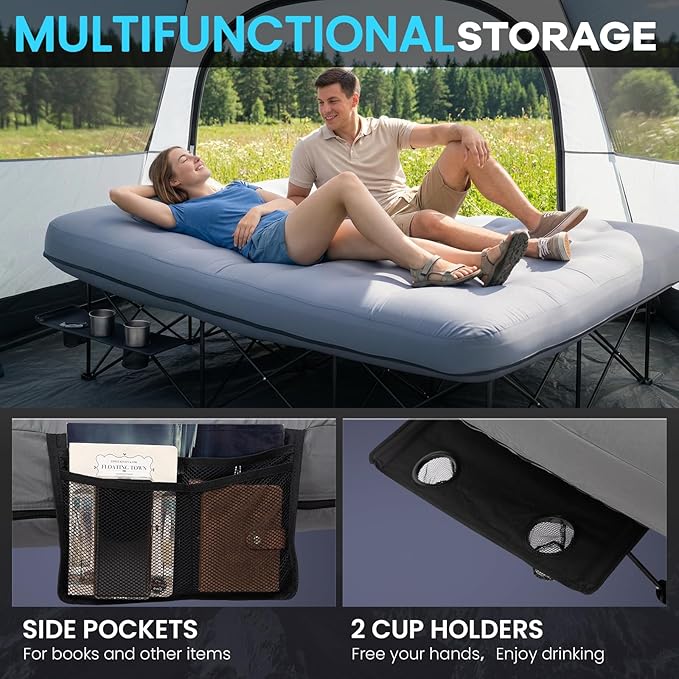 FUNDANGO Queen Camping Cot with Electric Pump 2 Person Inflatable Air Mattress with Folding Frame Portable Camping Bed with Cup Holders &amp Removable Cover for Adults Home Guest Carry Bag Includ