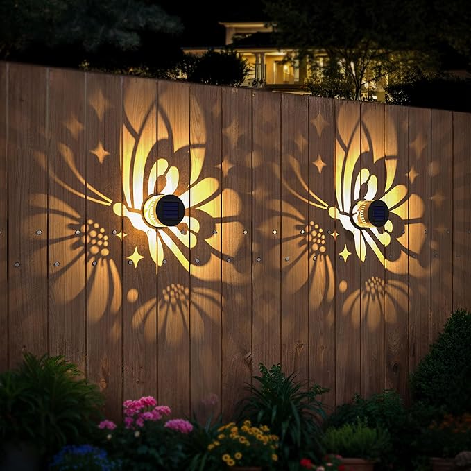 Solar Fence Lights 4 Pack Solar Deck Lamps Outdoor Decorations Powered Step Lights Wall Waterproof LED Warm Decorative Lighting for Garden (Butterfly-Flower 4)