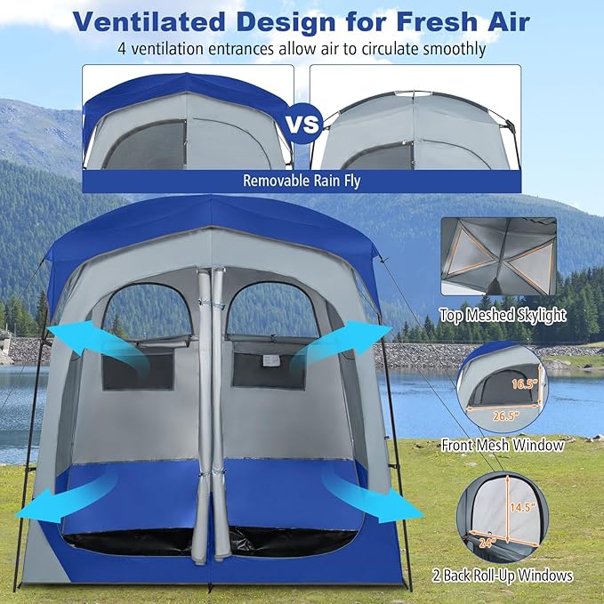 Tangkula Double Room Shower Tent Oversize Space Privacy Tent with Floor Removable Rain Fly Inside Pocket Clothesline Top Hook Portable Outdoor Changing Tent for Dressing Camping Toilet