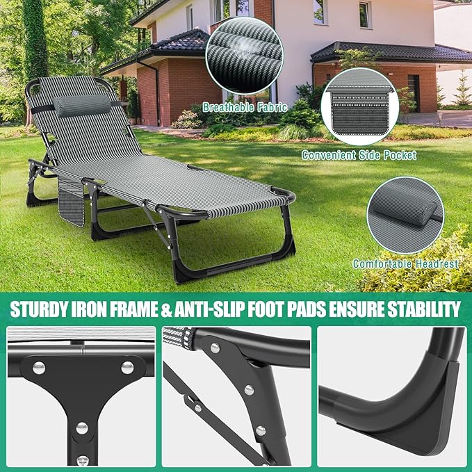 LILYPELLE Portable Folding Camping Cot Adjustable 5-Position Adults Reclining Folding Chaise with Pillow Outdoor Portable Folding Lounge Chair Sleeping Cots Bed for Camping Pool Beach Patio