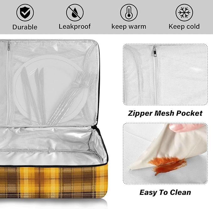 Casserole Carrier Yellow and Brown Tartan Insulated Casserole Carrier for Hot or Cold Food Thermal Lunch Tote for Parties Picnic Travel Carry Bag