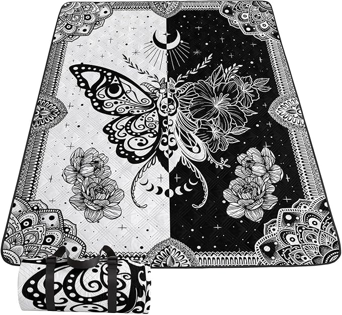 Outdoor Picnic BlanketPortable Sandproof Waterproof Picnic MatSkull Butterfly Printed Camping Beach Mat for Sand and Wet Grass Hiking (Skull Butterfly S)