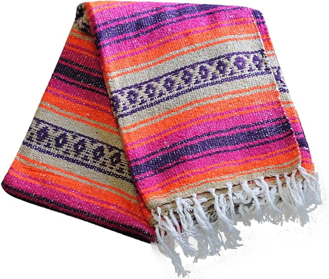 Del Mex Classic Mexican Blanket Large Authentic Woven Falsa Throw (70x50) Artisan Southwest Décor for Beach Yoga Outdoors (Pink/Orange)