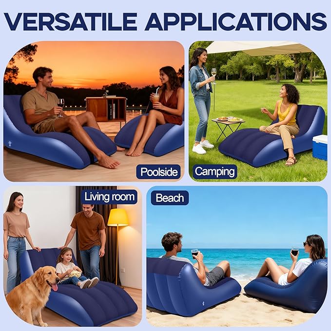 Inflatable Chair for AdultsInflatables Chairs with Flocked Surface Inflatable Lounge Chair with Backrest Comfort Ergonomic Inflatable CouchInflatable Couch for Camping Blue