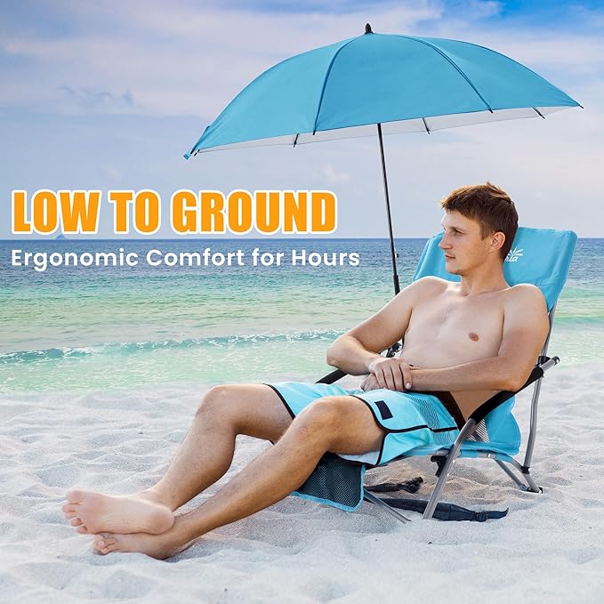 Lamberia Folding Beach Chair with Umbrella for Adults Portable Low Beach Chairs with 300lbs Capacity Lightweight Fodable Camping Chair for Travel Picnic Concert &amp Outdoor Activities Blue