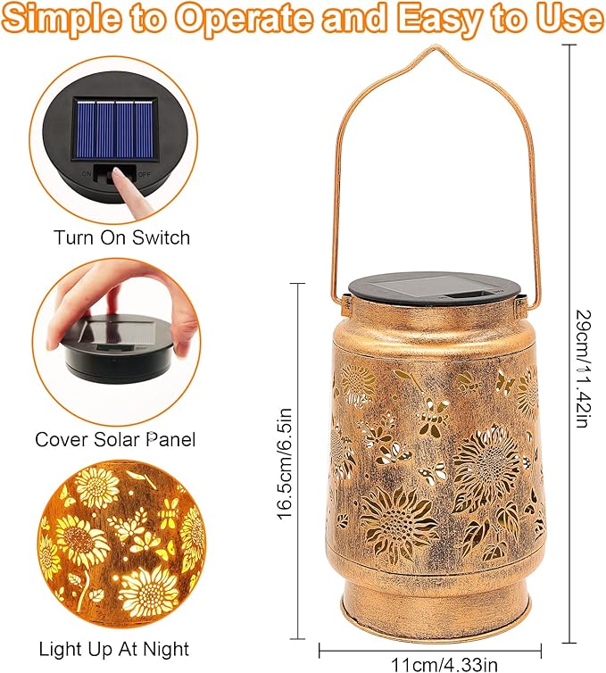 2 Pack Sunflower Solar Lanterns Garden Decor Gifts for Women Mom Grandma Birthday Metal Hanging Solar Lights Outdoor Waterproof LED Decoration with Shepherd Hook Outside for Yard Patio Lawn Porch