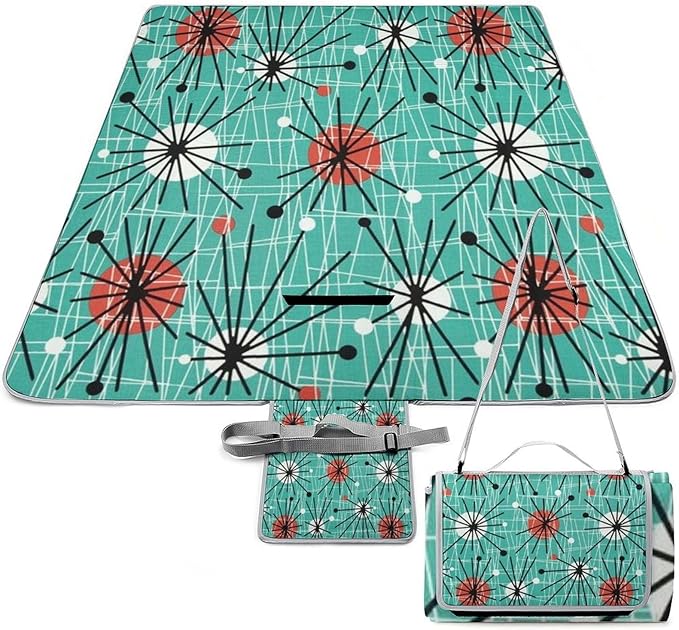 Mid Century Modern Atomic Turquoise Waterproof Outdoor Picnic Blanket Sandproof Beach Mat for Camping Hiking Grass Travelling